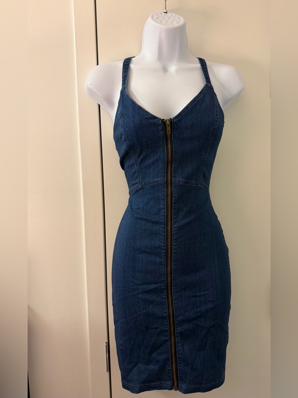 Dark Blue Denim Zip-Front Bodycon Dress
